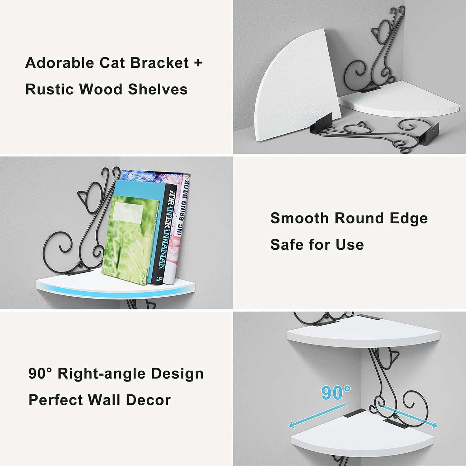 Cute Corner Storage Wood Shelves Decorative Rustic Radial Shelf in Cat Shape Carbonized Black