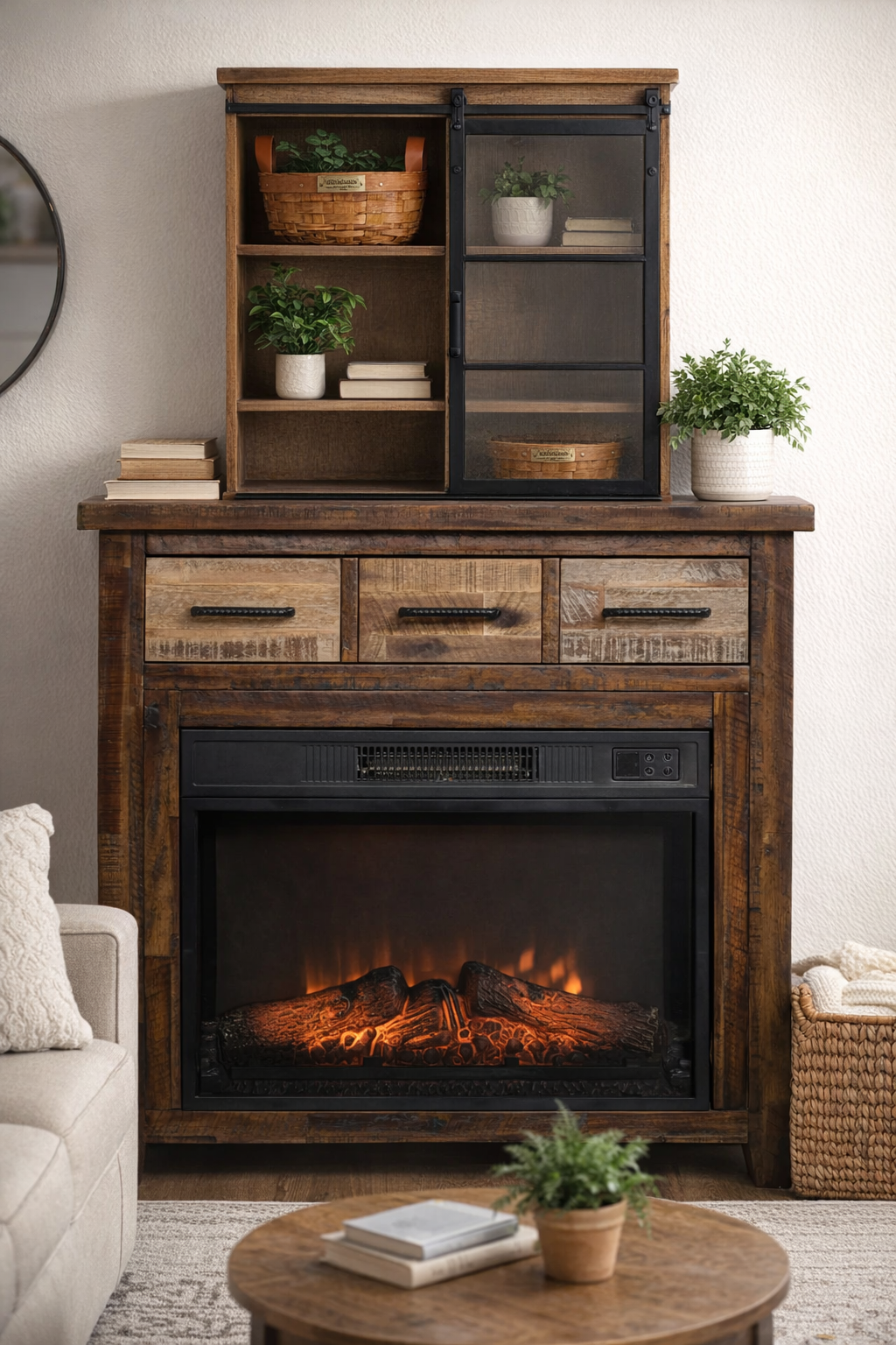 Cozy, Rustic Electric Fireplace and Space saving shelf unit IDEA!!